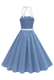 Halter Polka Dots Koninklijk Blauw A-lijn jurk uit de jaren 50