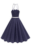 Halter Polka Dots Koninklijk Blauw A-lijn jurk uit de jaren 50