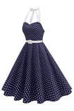 Halter Polka Dots Koninklijk Blauw A-lijn jurk uit de jaren 50