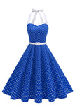 Halter Polka Dots Koninklijk Blauw A-lijn jurk uit de jaren 50