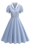 Inkepende revers Blauw A-lijn enkelrijzige jurk uit de jaren 50