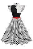 Hoge hals met polkadots Zwart Een lijn Jurk uit de jaren 50 met strik