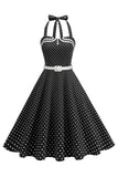 Polka dots halter zwart A Line jurk uit de jaren 50 met strik