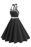 Polka dots halter zwart A Line jurk uit de jaren 50 met strik