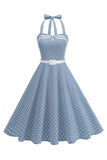 Polka dots halter zwart A Line jurk uit de jaren 50 met strik