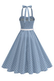Polka dots halter zwart A Line jurk uit de jaren 50 met strik