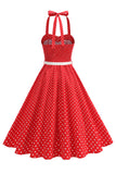 Polka dots halter zwart A Line jurk uit de jaren 50 met strik