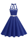 Polka dots halter zwart A Line jurk uit de jaren 50 met strik