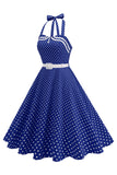 Polka dots halter zwart A Line jurk uit de jaren 50 met strik
