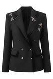 Zwart geborduurd dubbelgeknoopt blazer met inkeping en revers met kralen