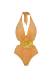 Gouden 2-delig halter 3D Bloem Badpak met Strandjurk