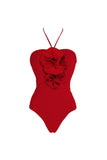 Rood 2-delig halter 3D Bloemen Rugcherige Badpak met Strandjurk