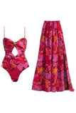 Rode spaghettibandjes tweedelig uitgesneden badpak met strandjurk