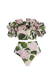 Off-the-shoulder driedelig groen roze bloemen geruffelde badkleding met overdek