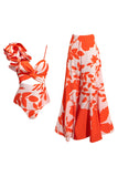 Oranje spaghettibandjes met ruches in tweedelige badkleding met strandjurk