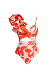 Oranje spaghettibandjes met ruches in tweedelige badkleding met strandjurk