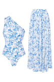 Een-delig tweedelig witblauw met bloemenprint badpak met strandjurk