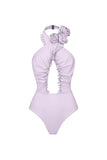 Halter 3D Flower Cut Out 2-delig lila badpak met een bedekkingsjurk