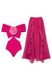 Off-the-shoulder fuchsia 2-delig 3D bloemen badpak met strandjurk