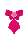 Off-the-shoulder fuchsia 2-delig 3D bloemen badpak met strandjurk