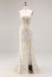 Witte Bloem Zeemeermin Corset Strapless Lange Galajurk met split