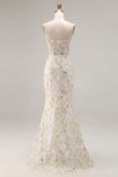 Witte Bloem Zeemeermin Corset Strapless Lange Galajurk met split