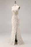 Witte Bloem Zeemeermin Corset Strapless Lange Galajurk met split