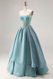 Turquoise kralenkorset strapless Een lange satijnen galajurk