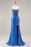 Koninklijk blauwe strapless zeemeermin-korset met kralen, lange galajurk met split