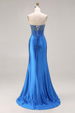 Koninklijk blauwe strapless zeemeermin-korset met kralen, lange galajurk met split