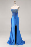 Koninklijk blauwe strapless zeemeermin-korset met kralen, lange galajurk met split