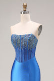 Koninklijk blauwe strapless zeemeermin-korset met kralen, lange galajurk met split