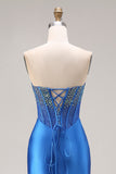 Koninklijk blauwe strapless zeemeermin-korset met kralen, lange galajurk met split