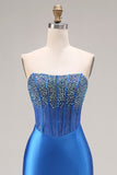 Koninklijk blauwe strapless zeemeermin-korset met kralen, lange galajurk met split