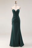 Donkergroene zeemeermin strapless geappliqueerde korsetjurk met gerimpelde galajurk met split