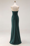 Donkergroene zeemeermin strapless geappliqueerde korsetjurk met gerimpelde galajurk met split