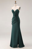 Donkergroene zeemeermin strapless geappliqueerde korsetjurk met gerimpelde galajurk met split