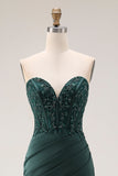 Donkergroene zeemeermin strapless geappliqueerde korsetjurk met gerimpelde galajurk met split