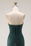Donkergroene zeemeermin strapless geappliqueerde korsetjurk met gerimpelde galajurk met split