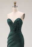 Donkergroene zeemeermin strapless geappliqueerde korsetjurk met gerimpelde galajurk met split
