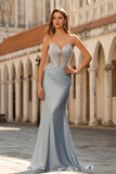 Stoffige blauwe strapless zeemeermin korset, satijn lange galajurk met kralen