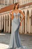 Stoffige blauwe strapless zeemeermin korset, satijn lange galajurk met kralen