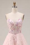 Roze A-lijn pailletten strapless Coeset lange galajurk met 3D-bloemen