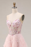 Roze A-lijn pailletten strapless Coeset lange galajurk met 3D-bloemen