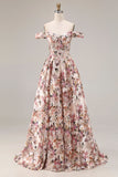 Off-the-shoulder bloemen A-lijn korset Desert Rose lange galajurk