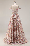 Off-the-shoulder bloemen A-lijn korset Desert Rose lange galajurk