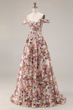 Off-the-shoulder bloemen A-lijn korset Desert Rose lange galajurk