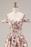 Off-the-shoulder bloemen A-lijn korset Desert Rose lange galajurk