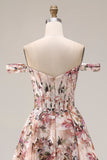 Off-the-shoulder bloemen A-lijn korset Desert Rose lange galajurk
