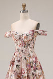 Off-the-shoulder bloemen A-lijn korset Desert Rose lange galajurk